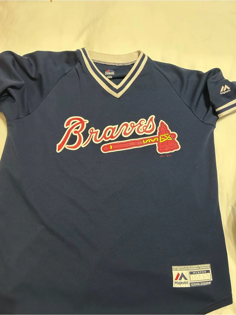 Majestic Men's Navy V-Neck Jersey  with White Stripe Trim